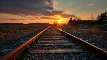 Fototapeta premium Railroad tracks stretching into a vibrant sunset