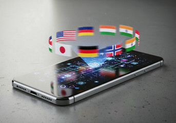 A smartphone with an AI translator app surrounded by a ring of international flags