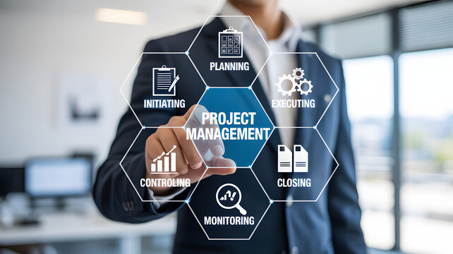 Business professional interacting with project management lifecycle stages on digital interface