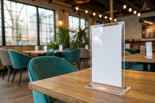 Blank menu frame on wooden table in bar or restaurant. Acrylic tent card holder with white paper sheet. Perfect for cafes, eateries, and food service display mockups.

 - Powered by Adobe
