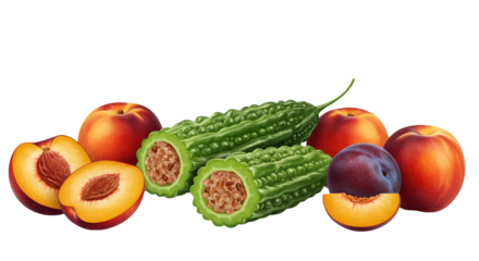 A vibrant display of fresh nectarines, sweet plums, and unique bitter gourds, offering a healthy and diverse selection of produce.