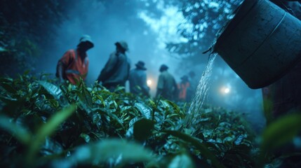 Medium shot capturing a tapping worker pouring fresh latex into a container with the misty plantation and fellow crew members gently blurred out highlighting the quiet predawn