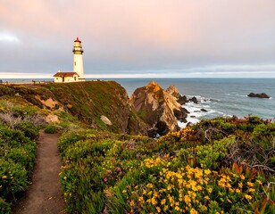 Coastal lighthouse at sunset