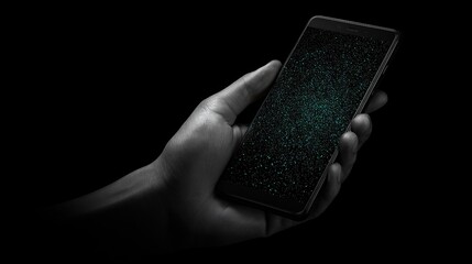A hand holding a smartphone, displaying a complex network graphic.  Dark background, grayscale hand, teal graphic