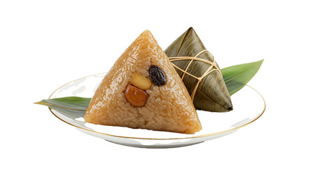 Delicious traditional sticky rice dumplings, Zongzi, are beautifully presented on a plate with a fresh green leaf, celebrating Asian culinary heritage.
