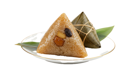 Delicious traditional sticky rice dumplings, Zongzi, are beautifully presented on a plate with a fresh green leaf, celebrating Asian culinary heritage.