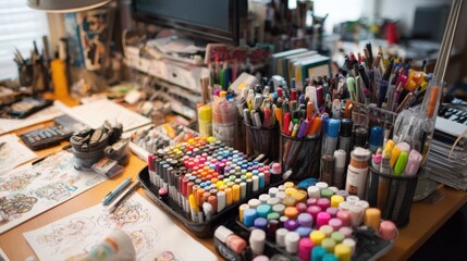 Creative workspace of an editorial cartoonist filled with colorful markers drafts and political caricatures highlighting the fastpaced atmosphere of media production.
