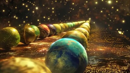 Planets gather in the solar system amidst glowing stars in a vibrant cosmic atmosphere