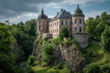 Fototapeta premium Hilltop Castle, Summer Day, Green Valley, Cloudy Sky. Tourism