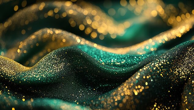 A close-up of green and gold glitter fabric, flowing in waves with sparkling light reflections. The background is blurred to emphasize the texture and color depth of each wave