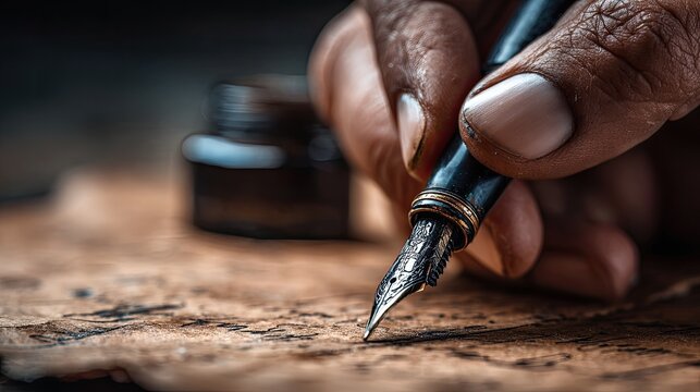 Close-up of aged hand holding antique fountain pen writing on aged parchment