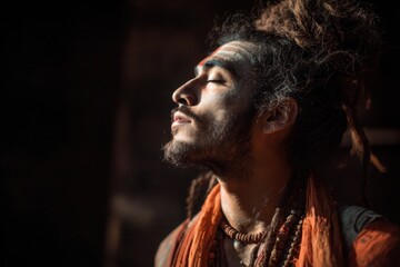 Close-up portrait of a man with intricate facial markings and dreadlocks.