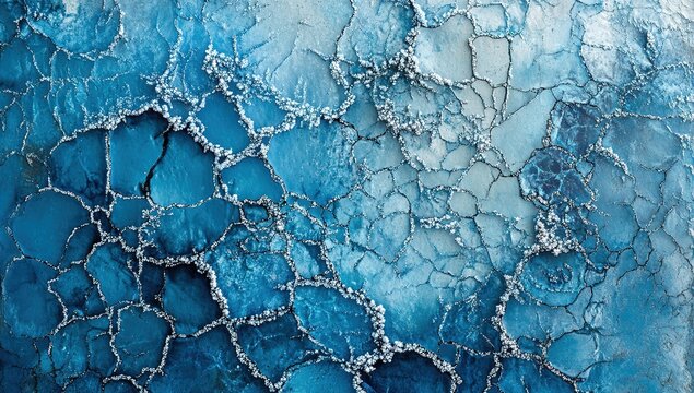 A close-up of ice crystals on the surface, showcasing intricate patterns and textures in shades of blue. The background is neutral to highlight details, with a focus on sharp edges and delicate