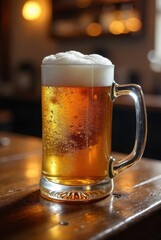 A frosty mug of amber ale rests on a polished wooden table in a dimly lit tavern