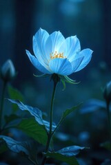 Obraz premium A Single Azure Bloom in Twilight's Embrace, Illuminated by a Gentle Light, Its Delicate Petals Unfurling in the Dusk