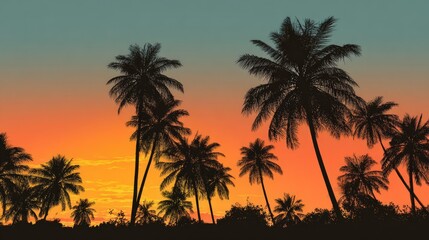 Silhouettes of palm trees at sunset