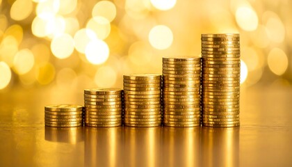 Ascending stacks of gold coins against a bokeh background (1)
