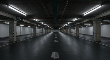 A Stark Perspective of an Empty Underground Parking Garage Illuminated by Fluorescent Lights