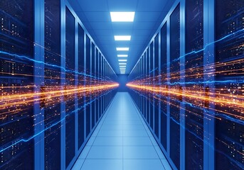 Server room with glowing data streams in a digital corridor