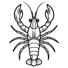 Black and white outline illustration of a crayfish isolated on white background