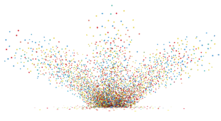 Multi-colored (red, blue, yellow, green, pink) square and rectangular confetti bursts upwards on a transparent studio background with soft lighting, frozen in motion. Triumphant celebration concept