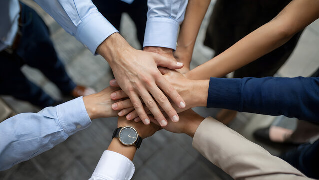 A high-angle photograph of multiple hands from a diverse team stacked together in a gesture of unity and teamwork.