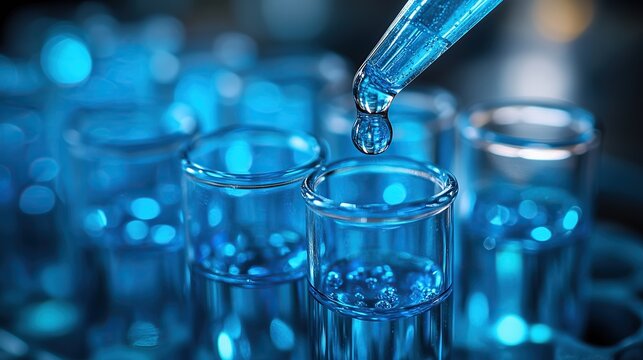 &zwnj;Close-up of blue liquid in test tubes with dropping effect - High-resolution lab photography for science ads and education