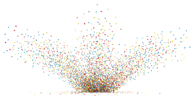 Multi-colored (red, blue, yellow, green, pink) square and rectangular confetti bursts upwards on a transparent studio background with soft lighting, frozen in motion. Triumphant celebration concept - Powered by Adobe