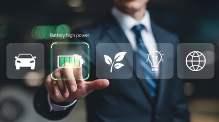 Man selects eco-friendly electric car battery charging technology interface