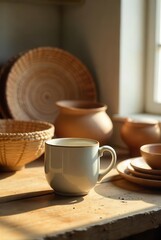 Warm morning light illuminating a rustic table setting with a ceramic mug, woven baskets, and earthenware bowls