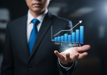 Businessman showing upward trending bar chart of cost and quality