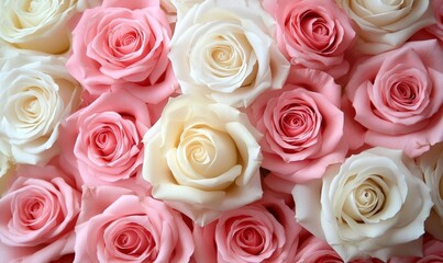 Fototapeta premium Pink and white rose wall, designed to add a touch of romantic beauty to any event or space, Generative AI
