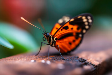 Butterfly with orangeblack wings on wooden background