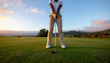 Golfer ready to take a swing on a beautiful golf course at sunset background