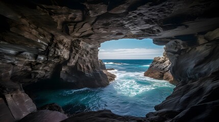 Scenic ocean view from the dark cavern of a sea cave, showcasing contrasting textures of rock and shimmering coastal waters
cliffs of moher at sunset
