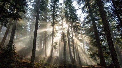 Obraz premium Sunlight piercing a misty forest (2)