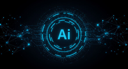 Blue neon glowing digital sign with binary code futuristic technology background