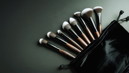 Luxury Makeup Brushes with Wooden Handles on Black Background