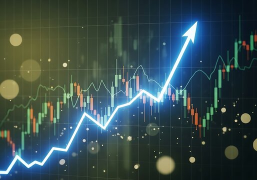 Financial stock market chart with upward arrow and data
