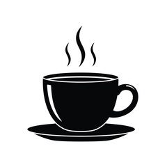 Fototapeta premium Vector illustration of Black silhouette of a steaming coffee cup and saucer on a white background drink