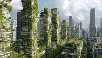 Lush, overgrown skyscrapers in a futuristic cityscape