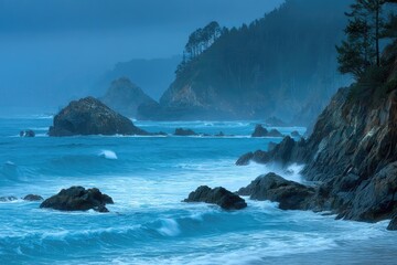 Coastal scene of stormy blue waves crashing against rocks at dusk