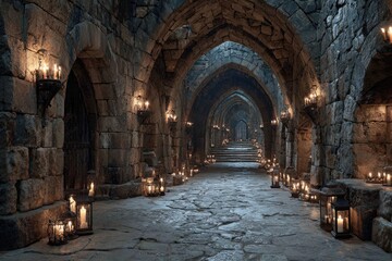 Fototapeta premium Ancient stone corridor lit by candles
