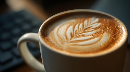 Close up of a creamy latte with beautiful leaf art on top