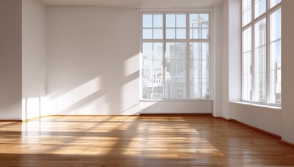 Empty room with large windows overlooking a city