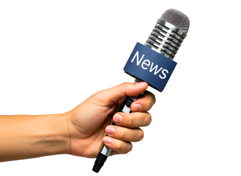 Hand holding a news microphone for reporting isolated on transparent background