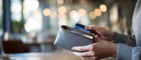 The hands holding a stylish wallet and credit card in a modern cafe.