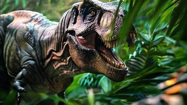 Scary hungry dinosaur with kind eyes and sharp teeth destroying public park