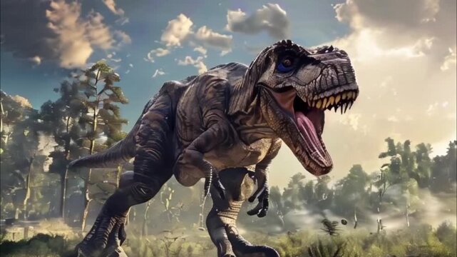 Scary hungry dinosaur with kind eyes and sharp teeth destroying public park