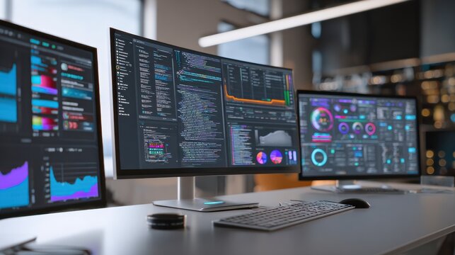 Cyber Hub: Display of data analysis on multiple monitors. A futuristic office workspace. The image represents technological process. 